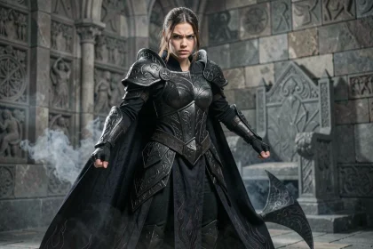 Jeune femme en costume de princesse fantastique dark fantasy avec armure noire et broderies de flammes dans un château médiéval