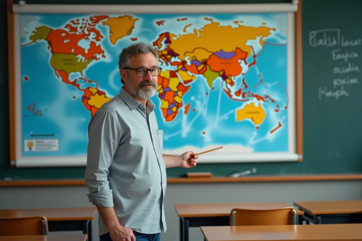 Professeur de géographie pointant la Turquie sur une carte murale du monde en classe