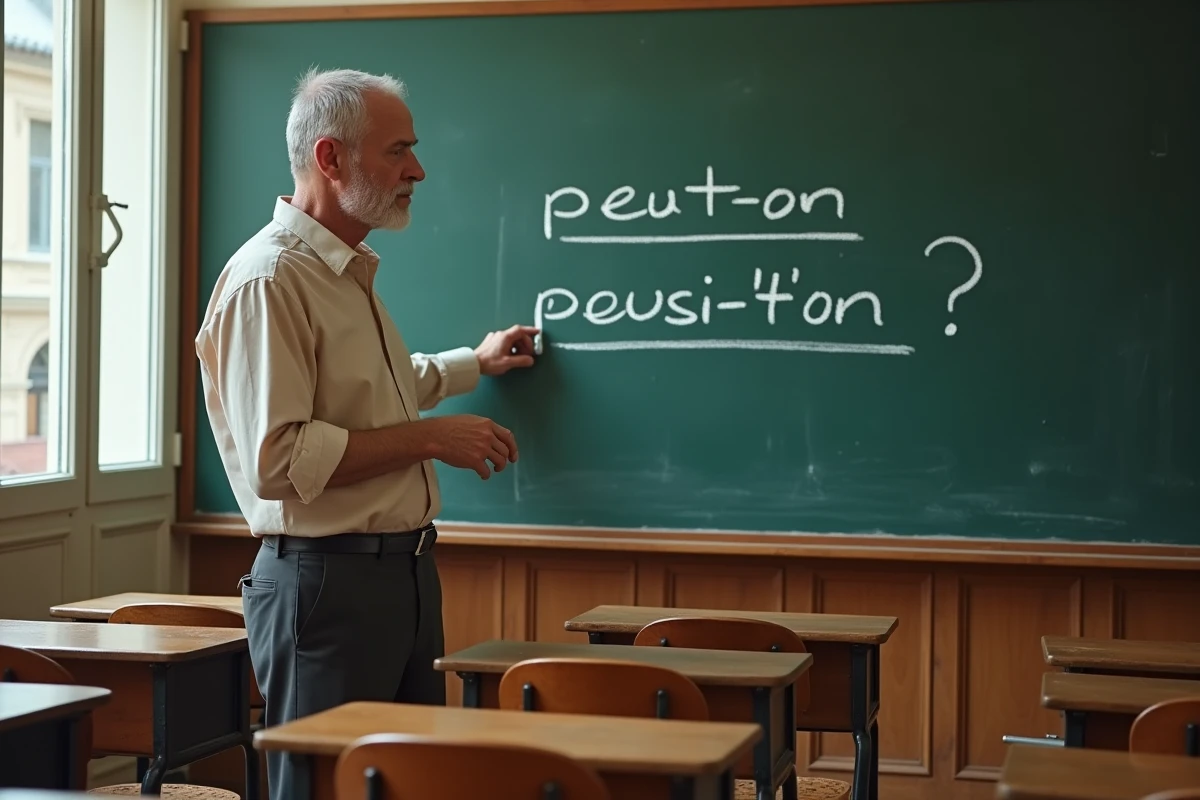 Professeur de français expliquant la règle grammaticale entre peut-on et peux-t-on devant un tableau noir en classe
