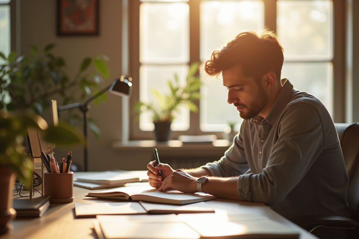 Professionnel créatif au bureau lumineux avec croquis et carnets