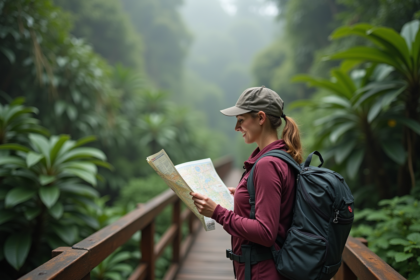Femme souriante en randonnée dans la forêt tropicale