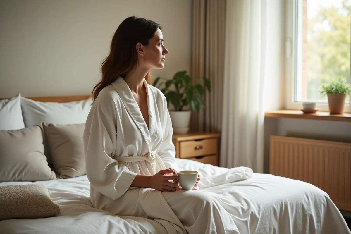 Femme en robe de chambre assise sur un lit après une opération, dans une chambre apaisante et lumineuse