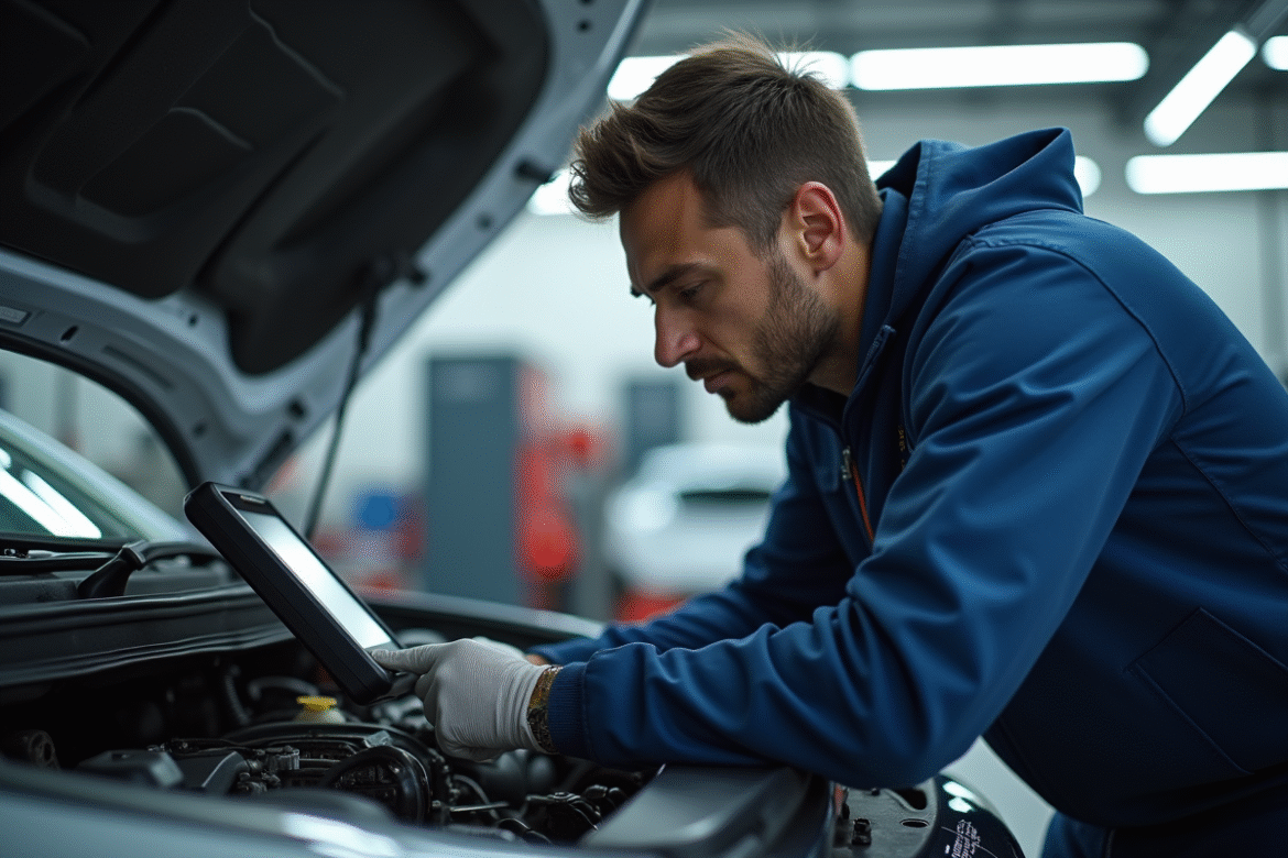 Mécanicien réparant un moteur Peugeot 1,6 HDi dans un atelier lumineux