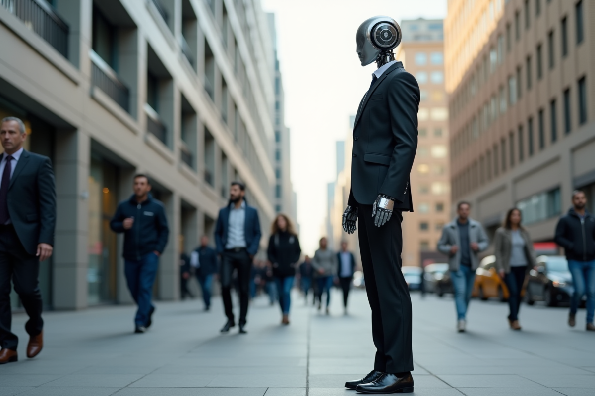 Robot humanoide en costume dans une rue urbaine animée