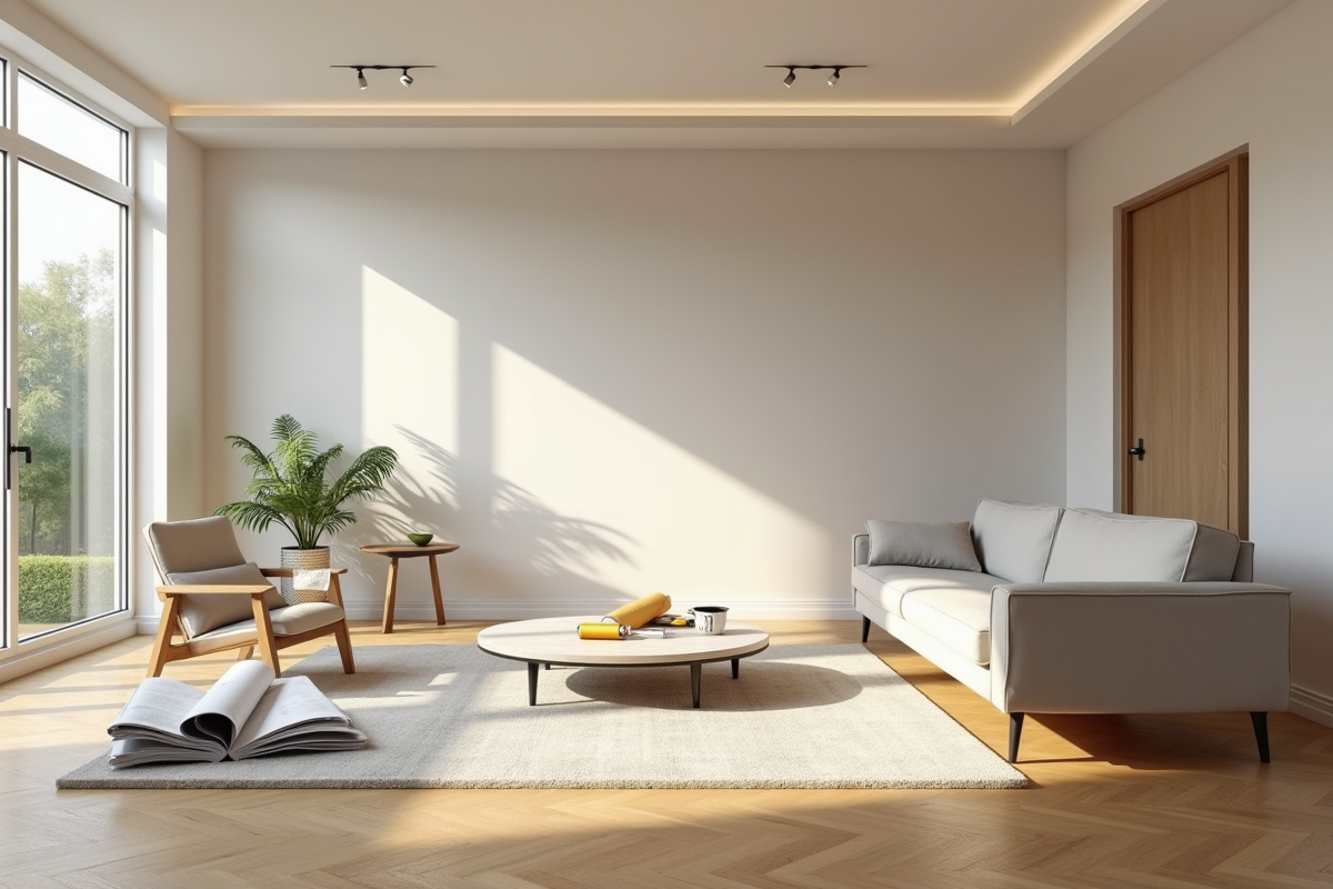 salon spacieux en rénovation avec sol en bois neuf et peinture fraîche