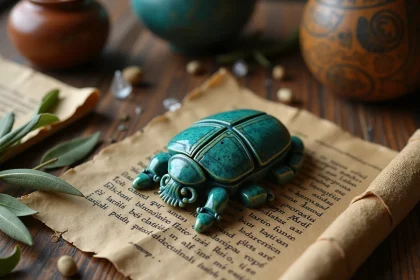 Amulette scarabée égyptienne en faïence turquoise posée sur un tissu de lin ancien entouré de cristaux de quartz et de sauge séchée, symbole de protection énergétique