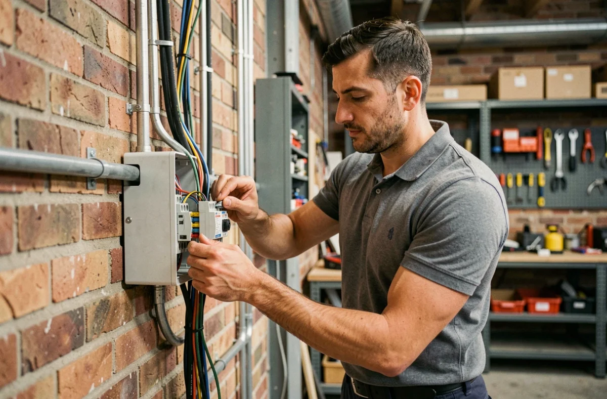 L'électricien Sen Rifat connectant des fils dans un boîtier électrique fixé sur un mur en brique à Colmar