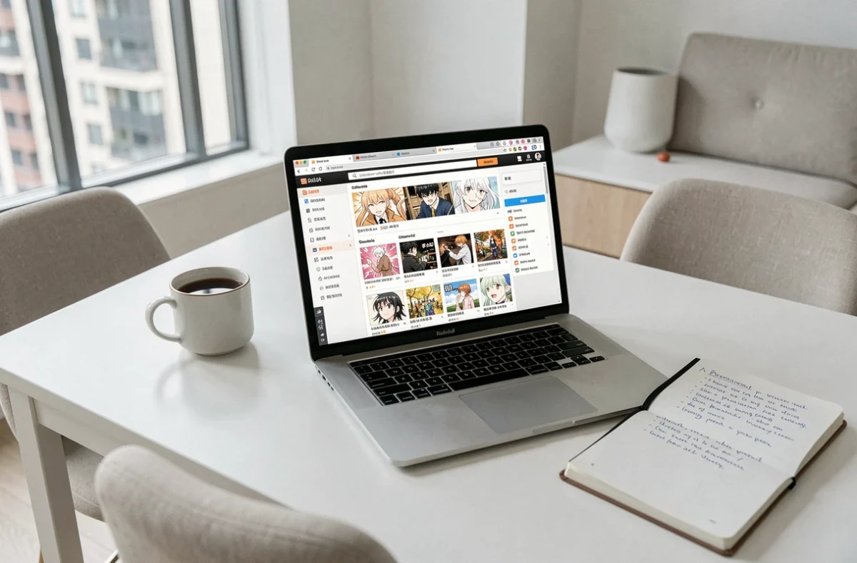 Ordinateur portable affichant un site de lecture de manga légal sur un bureau minimaliste