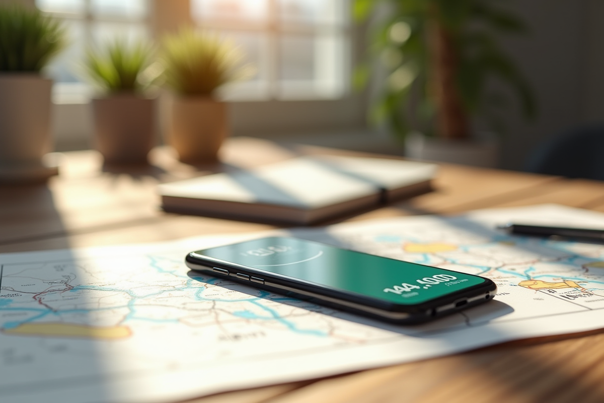 Smartphone avec application de marche et carte dans un bureau ensoleille