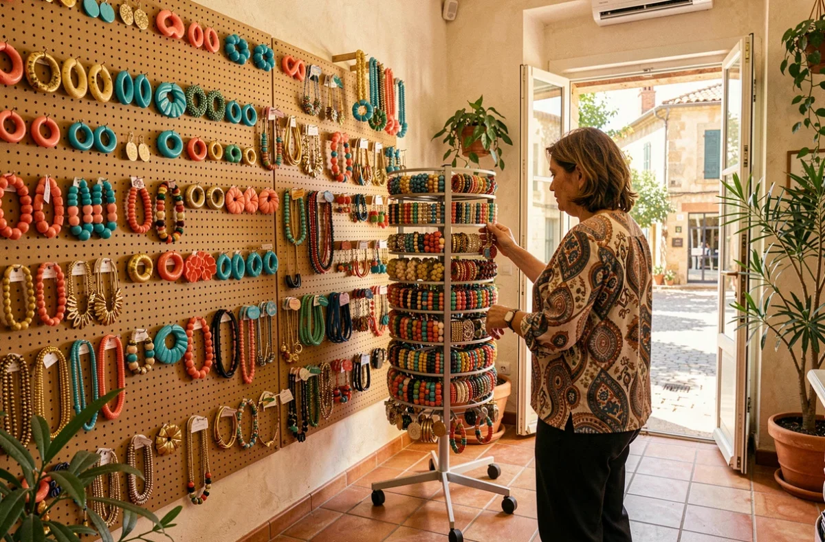 Intérieur coloré de la bijouterie fantaisie Soraya Bijoux à Nîmes avec des présentoirs de boucles d'oreilles, colliers et bagues en résine et perles