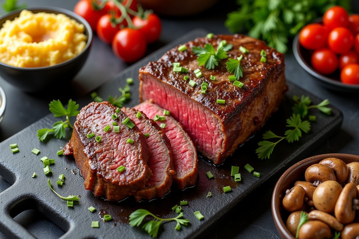 Vue plongeante d une table moderne avec cote de boeuf et salades fraîches