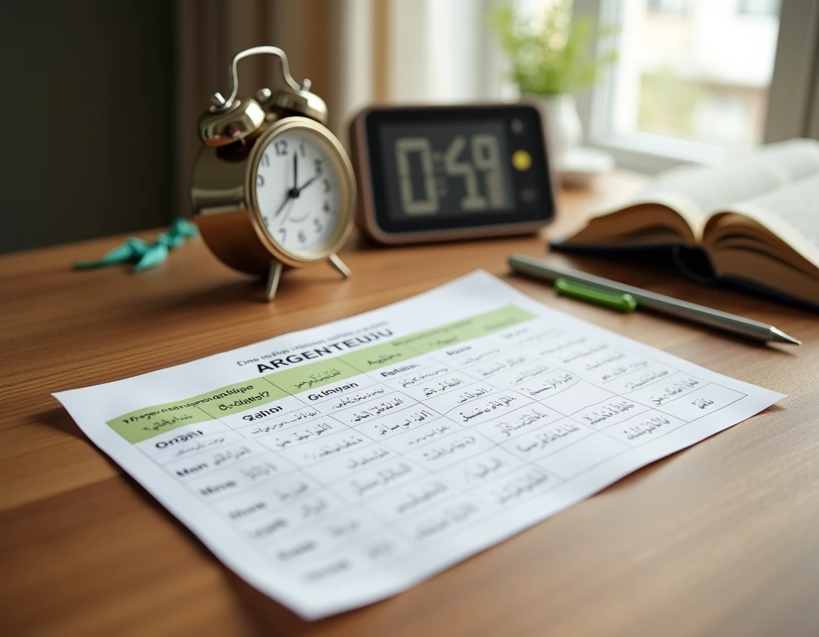 Tableau des horaires de prière hebdomadaire pour Argenteuil posé sur un bureau avec un Coran ouvert