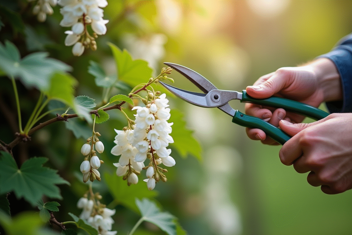 Mains de jardinier taillant une glycine en plein air