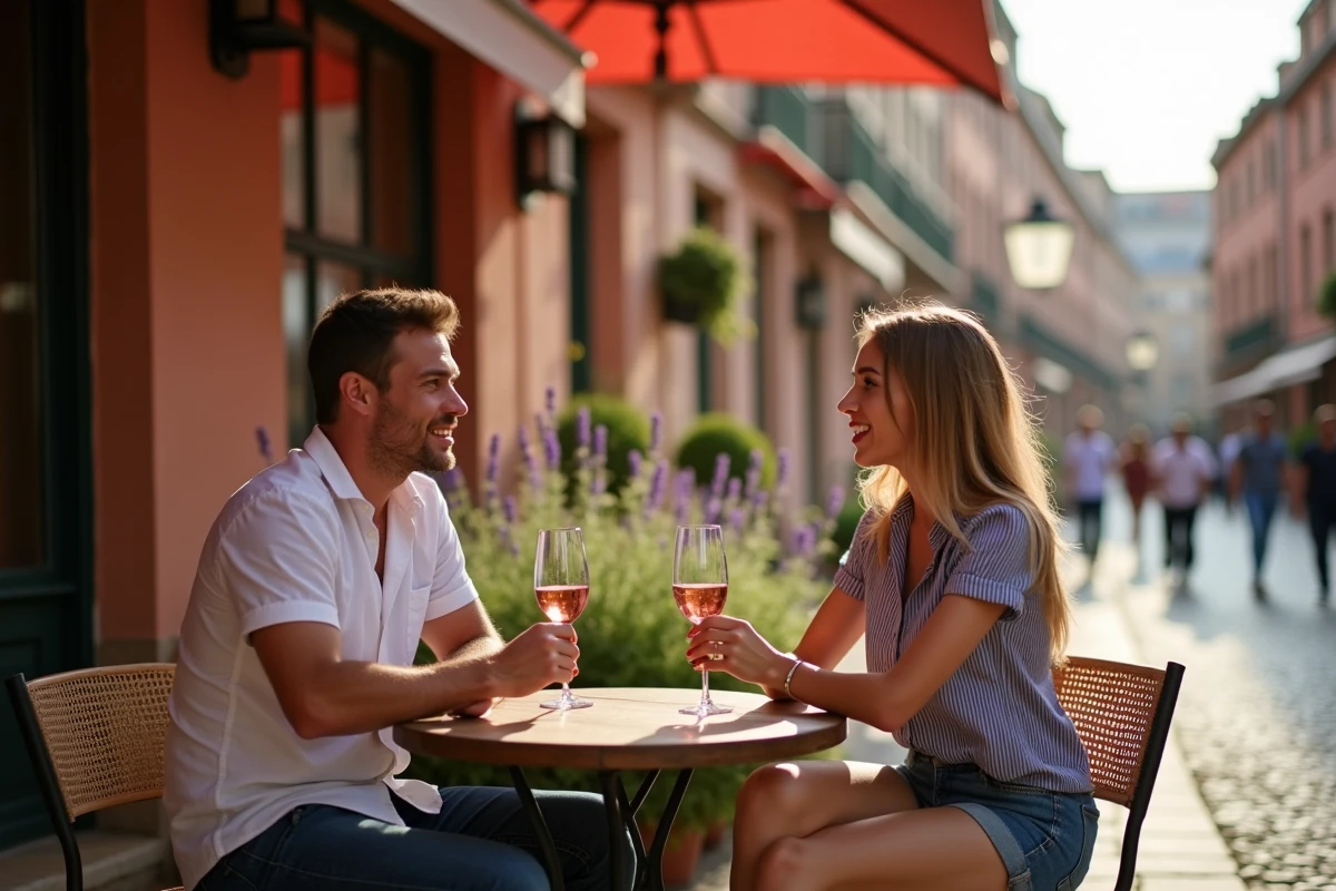 Terrasse ensoleillée d'un bar à Toulouse en fin de journée avec deux amis savourant un verre de rosé