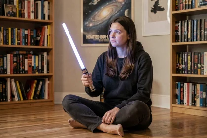 Femme tenant un sabre laser jouet bleu en réfléchissant à son personnage Star Wars idéal dans un salon cosy