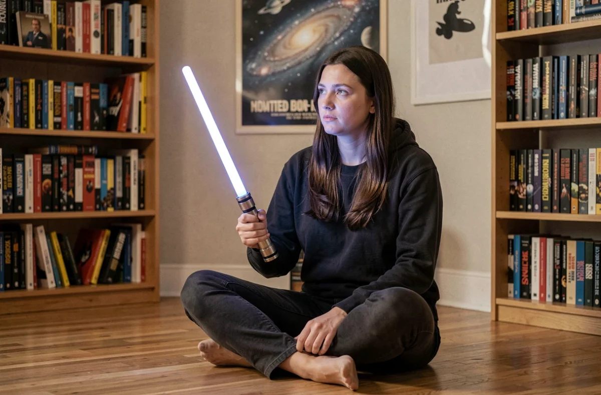 Femme tenant un sabre laser jouet bleu en réfléchissant à son personnage Star Wars idéal dans un salon cosy