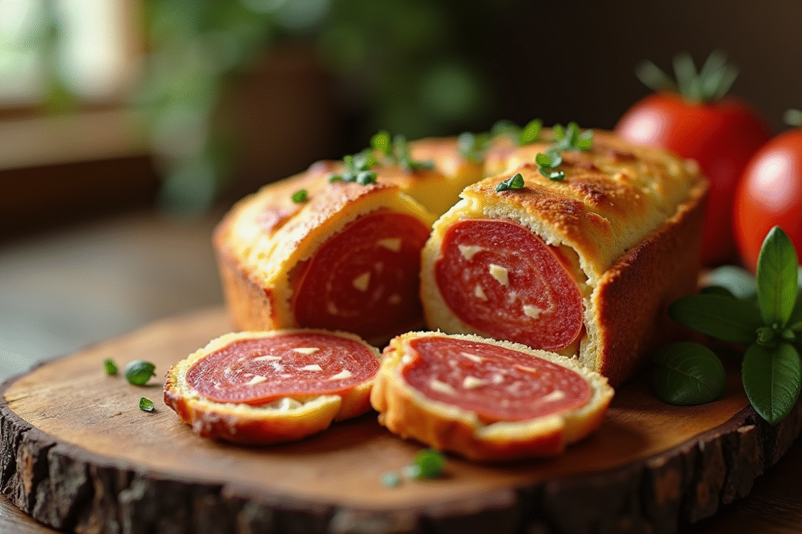 Tranche de gâteau au chorizo savoureux sur table en bois