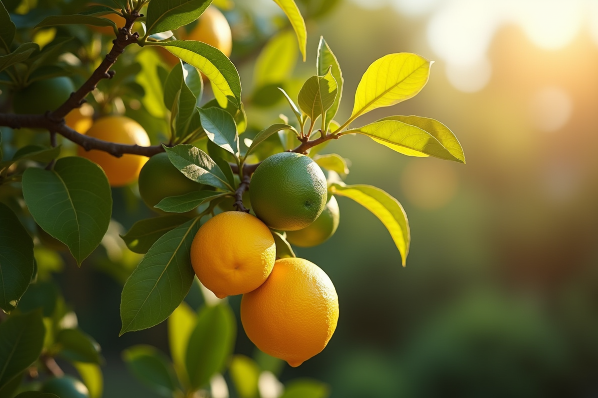 Verger de citronniers en plein soleil avec feuilles vertes et jaunes