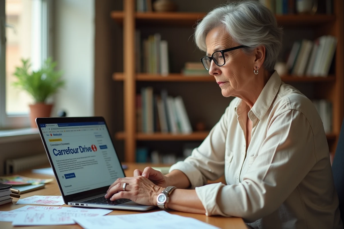 Femme vérifiant la validité d'un code promo Carrefour Drive reçu par email à son bureau