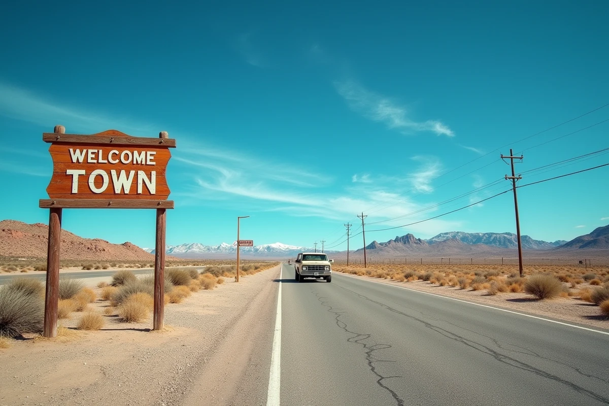Panneau de bienvenue d'une petite ville du Nevada dans un paysage désertique avec route et mesa en arrière-plan