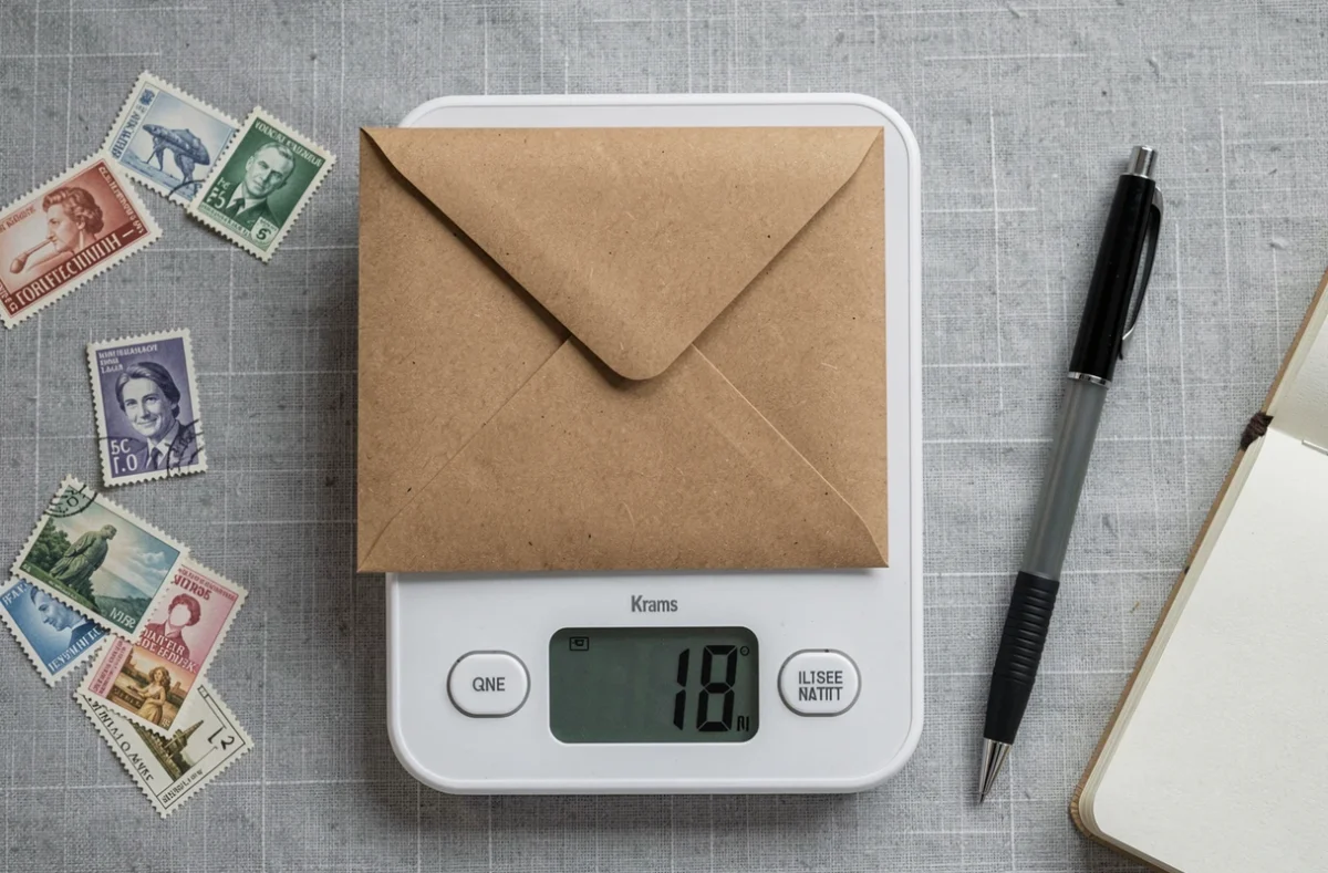Vue aérienne d'une balance de cuisine avec une enveloppe posée dessus affichant le poids pour un timbre