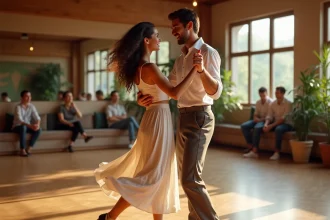 Couple de danseurs de zouk en studio, posture respectueuse et communication non-verbale pendant la danse